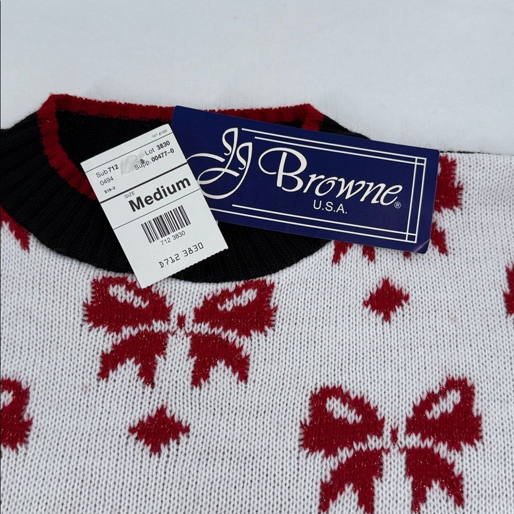 JJ Browne Sweater Wm Medium Ugly Christmas Dog Bow Plaid Sparkle Vintage USA 80s - Picture 6 of 6